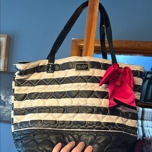 Betsey Johnson Black and Cream Striped Tote with Red Bow